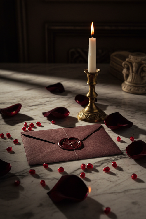 Sealed wax envelope on dark marble with pomegranate seeds and candlelight — Greek mythology dark romance aesthetic